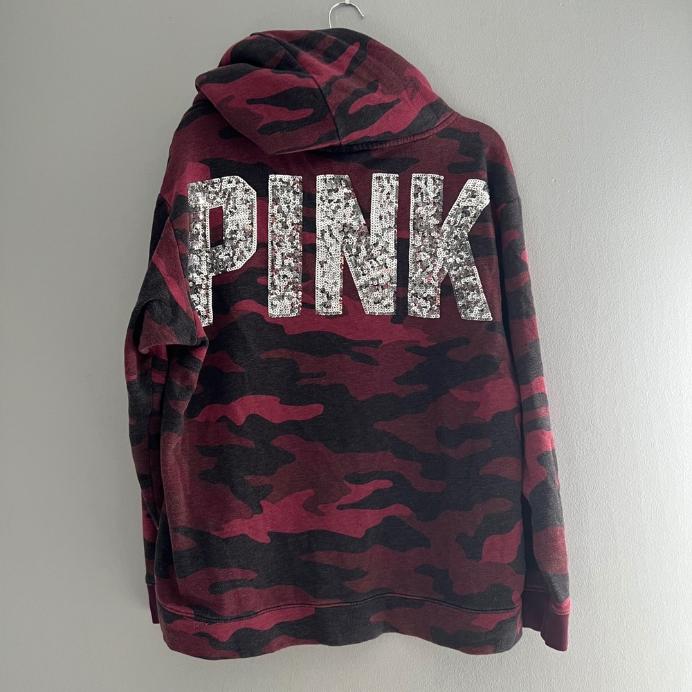 Y2K PINK Victoria's Secret Camo Hoodie Sweater Sequins Large Sherpa Oversized